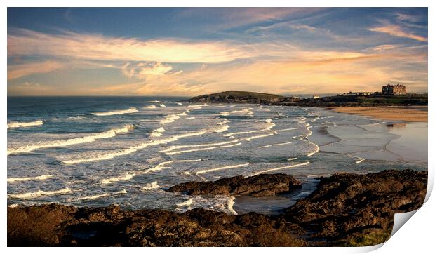 Fistral beach sunset Newquay Print by kathy white