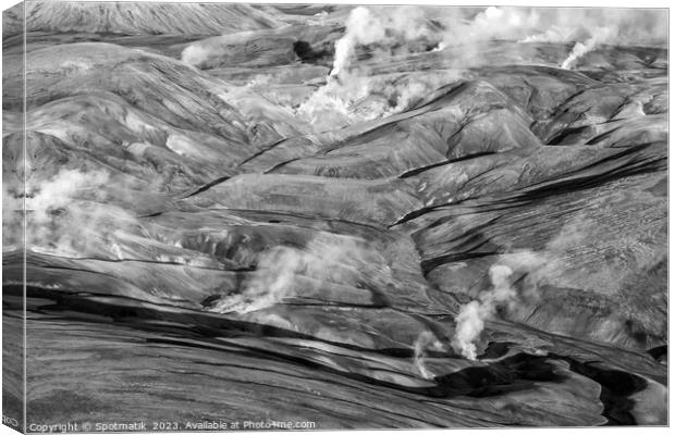Aerial natural steam rising fissures Landmannalaugar  Canvas Print by Spotmatik 