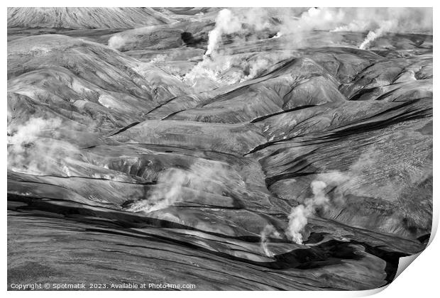 Aerial natural steam rising fissures Landmannalaugar  Print by Spotmatik 