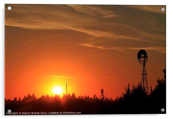 Sunset with an orange sky and Windmill silhouette Acrylic by Robert Brozek