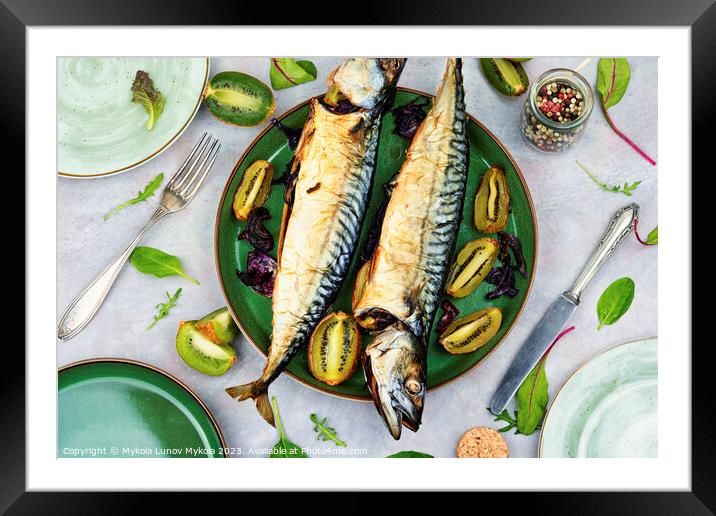 Grilled mackerelon a plate Framed Mounted Print by Mykola Lunov Mykola