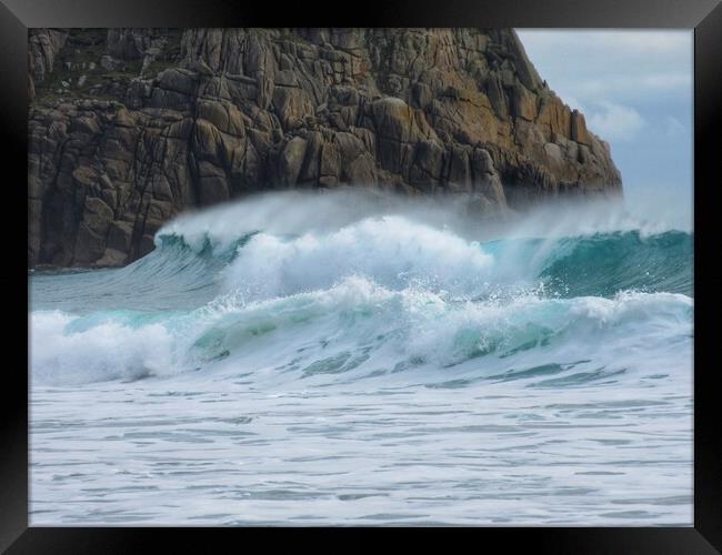 Waves at Porthcurno  Framed Print by kelly Draper