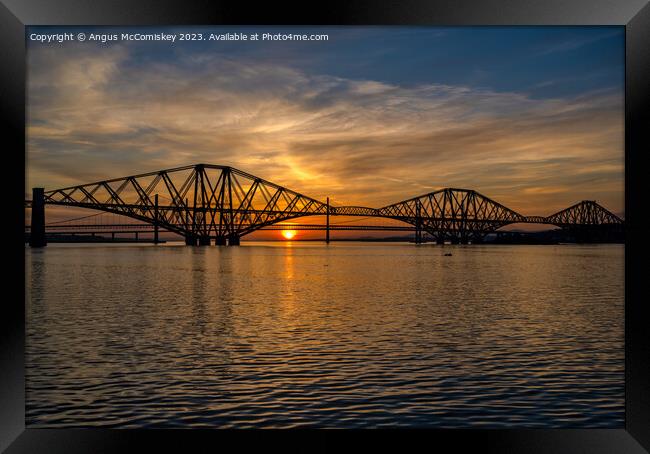 Forth Bridges at sunset Framed Print by Angus McComiskey