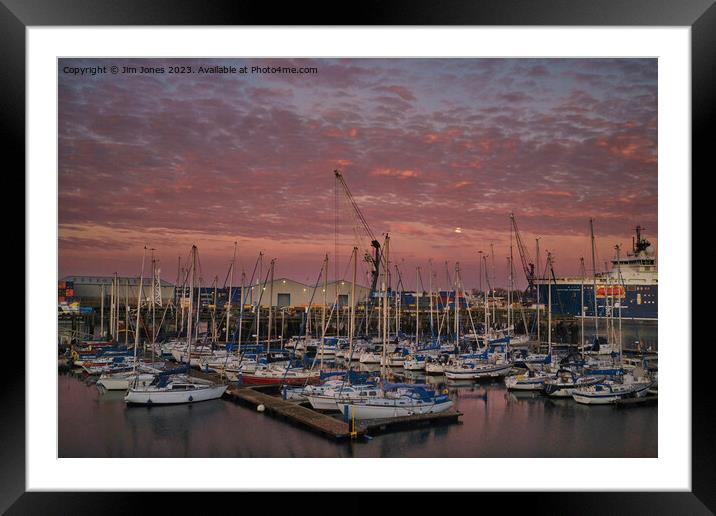 Sunrise at the marina Framed Mounted Print by Jim Jones
