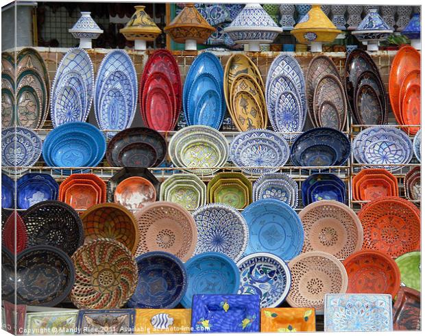 Tunisian Coloured Pottery Display Canvas Print by Mandy Rice