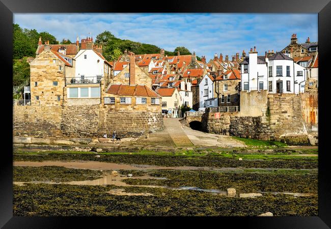 Dog walkers on Robin Hoods Bay beach Framed Print by Tim Hill