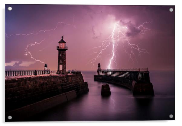 Lightning out to sea from Whitby Pier Acrylic by Tim Hill