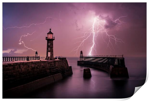 Lightning out to sea from Whitby Pier Print by Tim Hill