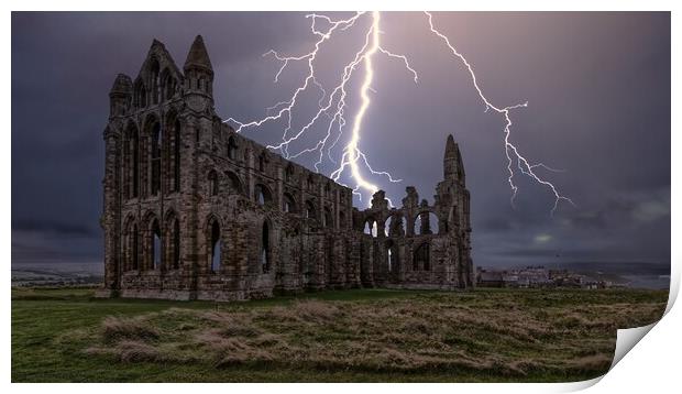 Lightning over Whitby Abbey in Yorkshire Print by Tim Hill