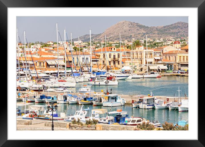 Bustling port of Aegina Framed Mounted Print by Laszlo Konya