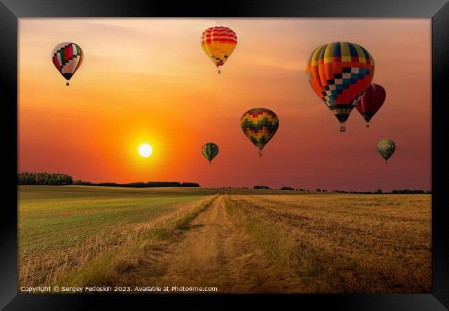 Colorful hot air balloons flying over field at sunset. Framed Print by Sergey Fedoskin