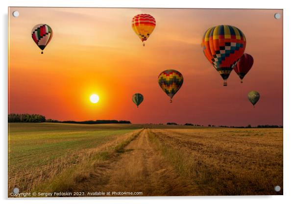 Colorful hot air balloons flying over field at sunset. Acrylic by Sergey Fedoskin