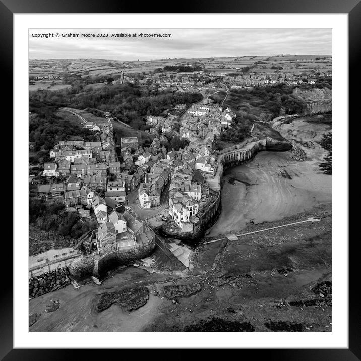 Robin Hoods Bay high view monochrome Framed Mounted Print by Graham Moore
