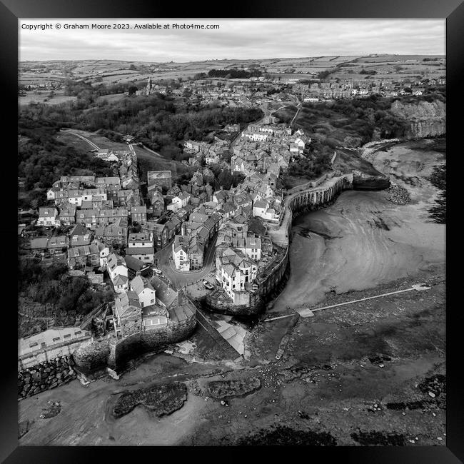 Robin Hoods Bay high view monochrome Framed Print by Graham Moore
