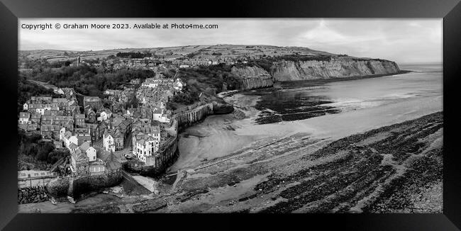 Robin Hoods Bay elevated view panorama monochrome Framed Print by Graham Moore