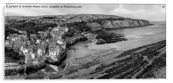 Robin Hoods Bay elevated view panorama monochrome Acrylic by Graham Moore