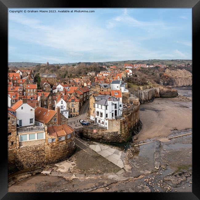 Robin Hoods Bay elevated view Framed Print by Graham Moore