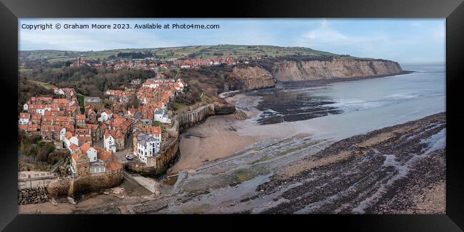 Robin Hoods Bay elevated view panorama Framed Print by Graham Moore