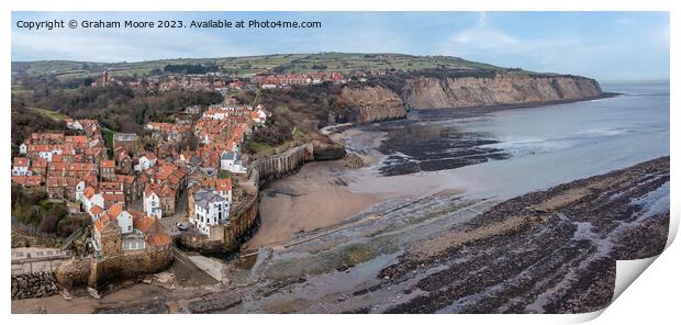 Robin Hoods Bay elevated view panorama Print by Graham Moore