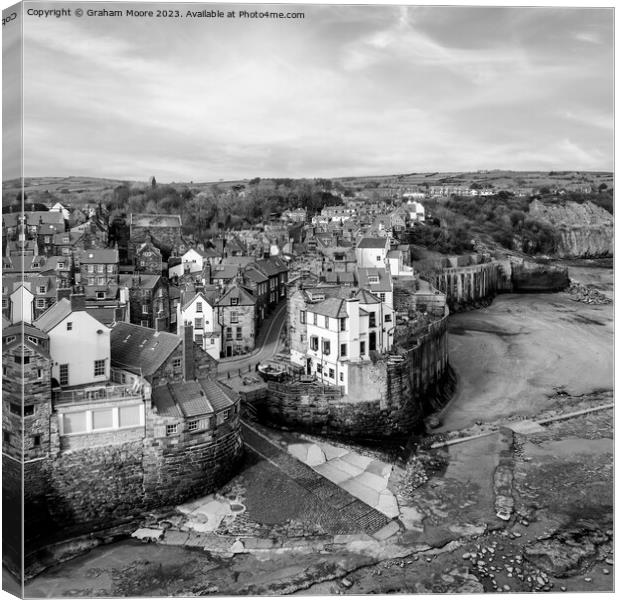 Robin Hoods Bay elevated view monochrome Canvas Print by Graham Moore