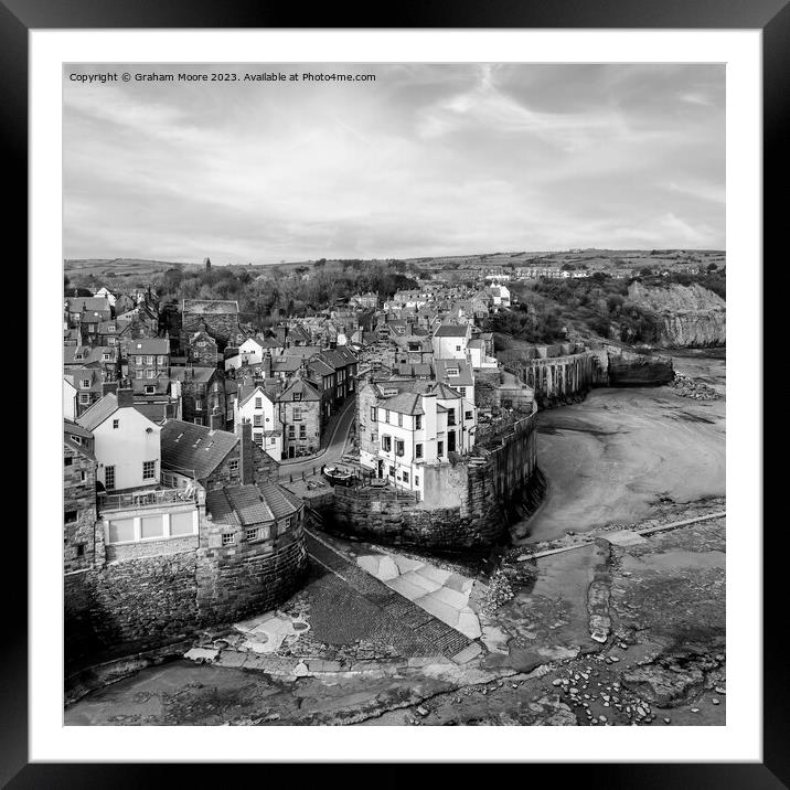 Robin Hoods Bay elevated view monochrome Framed Mounted Print by Graham Moore