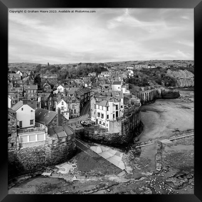 Robin Hoods Bay elevated view monochrome Framed Print by Graham Moore