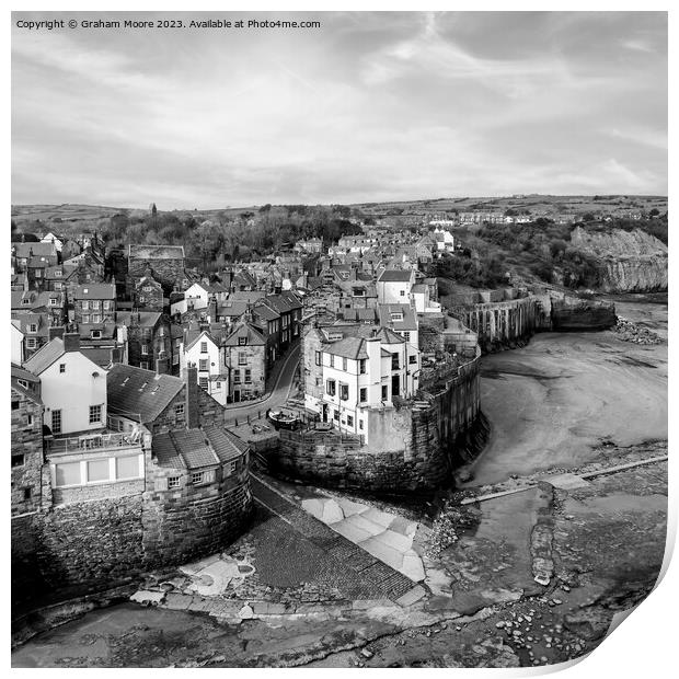Robin Hoods Bay elevated view monochrome Print by Graham Moore