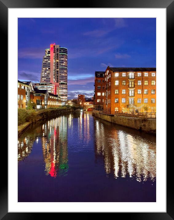 Bridgewater Place and River Aire in Leeds at Night Framed Mounted Print by Darren Galpin
