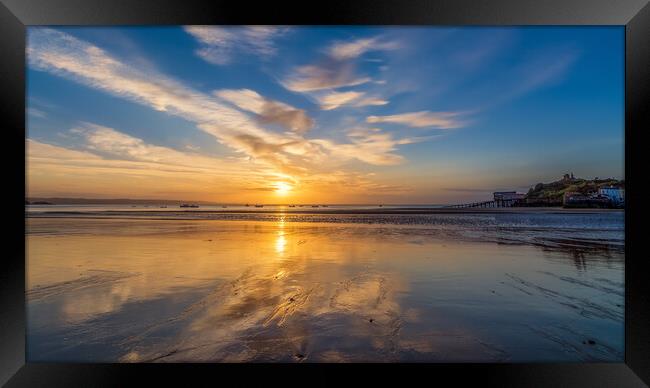 Sunrise reflections at low tide at Tenby in Wales Framed Print by Tim Hill