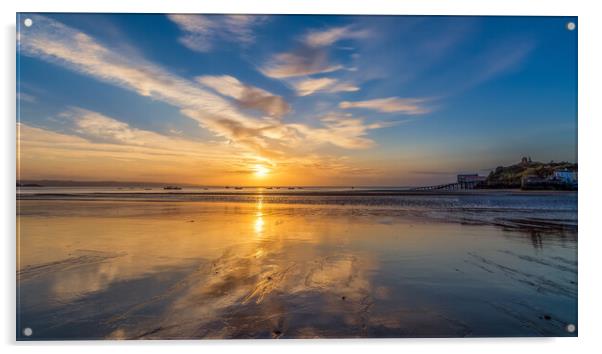 Sunrise reflections at low tide at Tenby in Wales Acrylic by Tim Hill