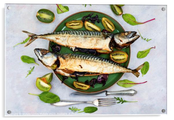 Delicious smoked mackerel fish, seafood Acrylic by Mykola Lunov Mykola