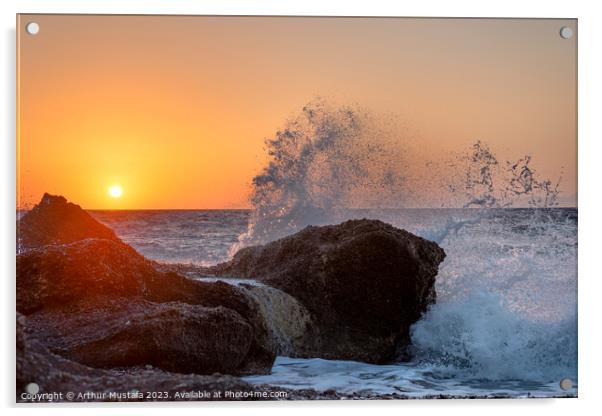 Sea waves crushing and splashing on the rocks in beautiful warm  Acrylic by Arthur Mustafa