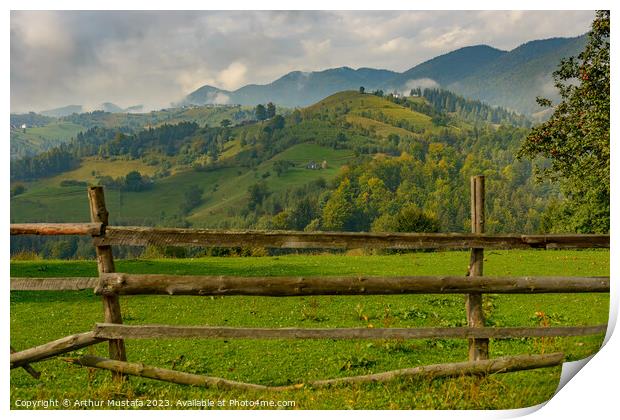 Rural idyllic landscape in Transylvania, Romania, with grassy fi Print by Arthur Mustafa
