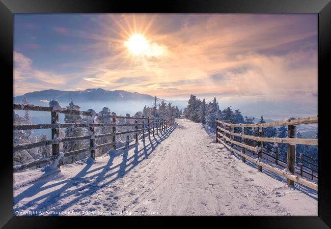 Winter wonderland on top of the Postavaru mountains, with view over the Bucegi mountains in Romania Framed Print by Arthur Mustafa