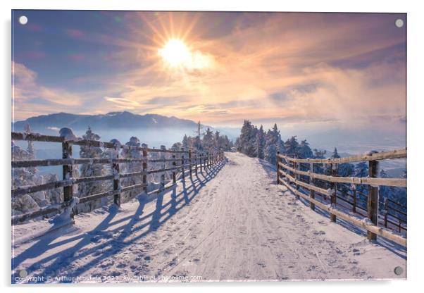 Winter wonderland on top of the Postavaru mountains, with view over the Bucegi mountains in Romania Acrylic by Arthur Mustafa