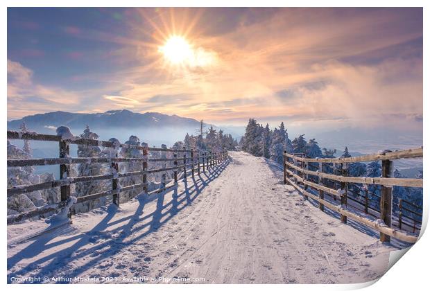 Winter wonderland on top of the Postavaru mountains, with view over the Bucegi mountains in Romania Print by Arthur Mustafa