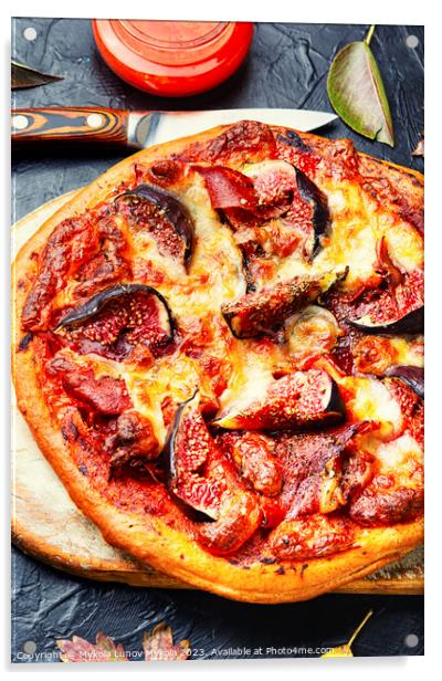 Gourmet pizza with bacon and fruit. Acrylic by Mykola Lunov Mykola