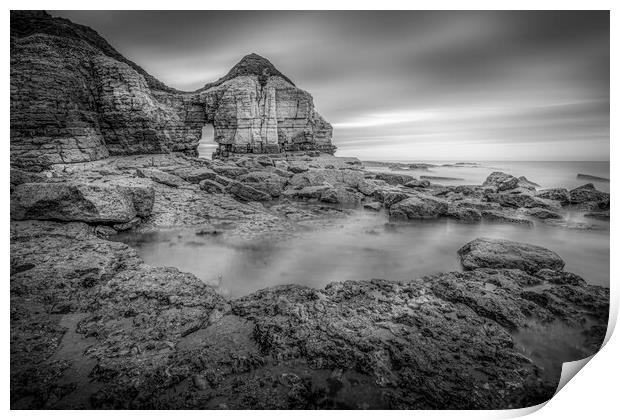 Thornwick Bay Cliff Arch in Black and White Print by Tim Hill
