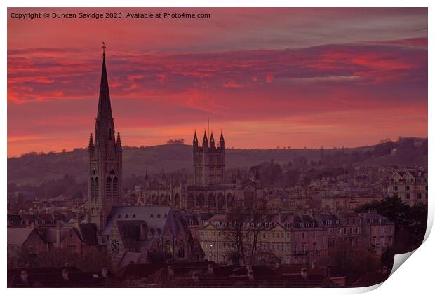 Pink sunset across the City of Bath skyline Print by Duncan Savidge