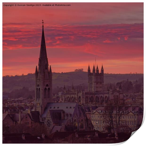 Pink sunset across the City of Bath skyline square Print by Duncan Savidge