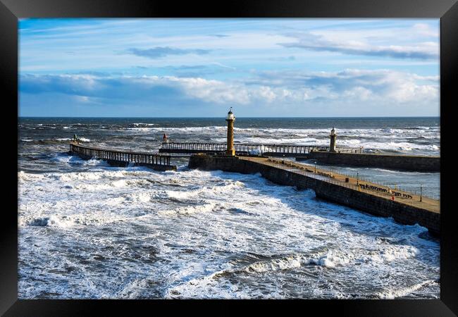 Whitby Pier Waves Yorkshire Coast Framed Print by Tim Hill