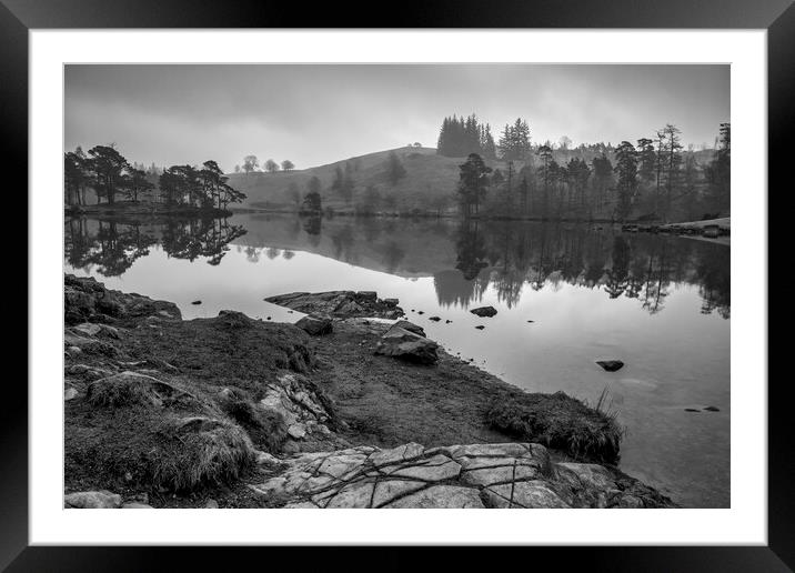 Tarn Hows Black and White Framed Mounted Print by Tim Hill