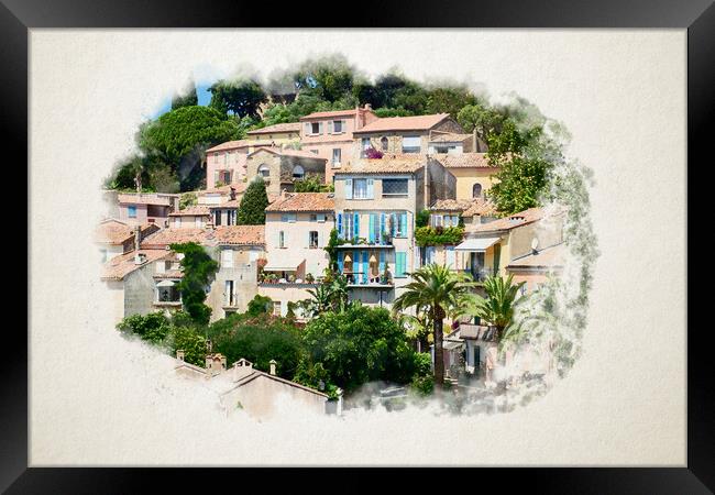 view on Bormes-les-Mimosas in watercolor Framed Print by youri Mahieu