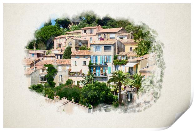 view on Bormes-les-Mimosas in watercolor Print by youri Mahieu
