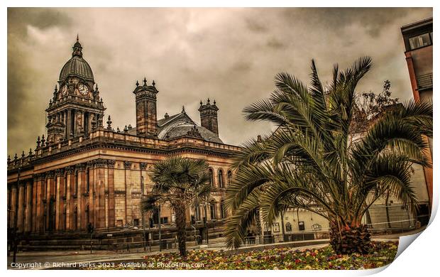 Palm trees and Leeds Town Hall Print by Richard Perks