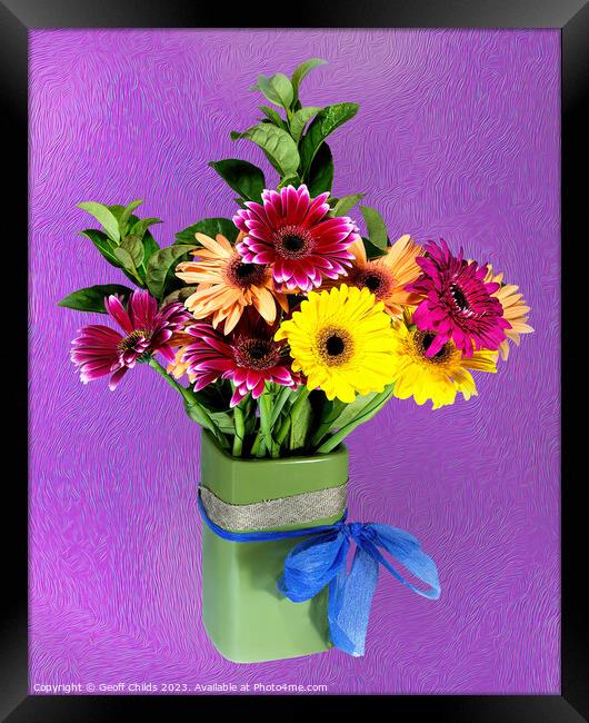 Pretty Gerberer Daisy (viridifolia) flowers in a green ceramic v Framed Print by Geoff Childs