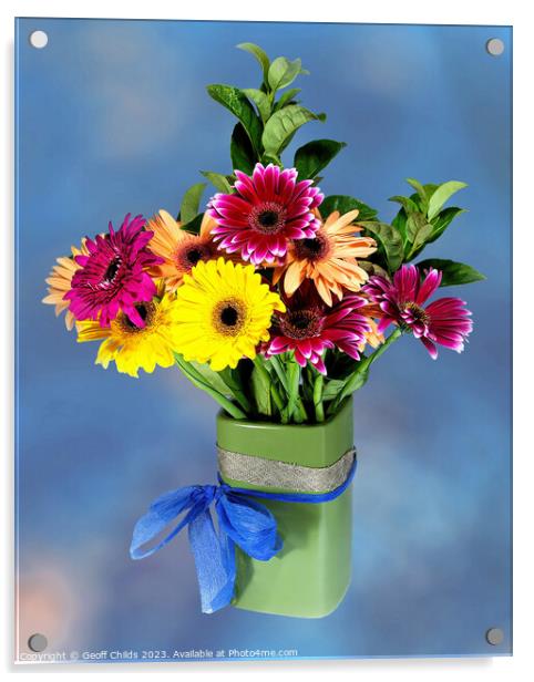 Pretty Gerbera Daisy (viridifolia;) flowers in a green ceramic Vase. Acrylic by Geoff Childs