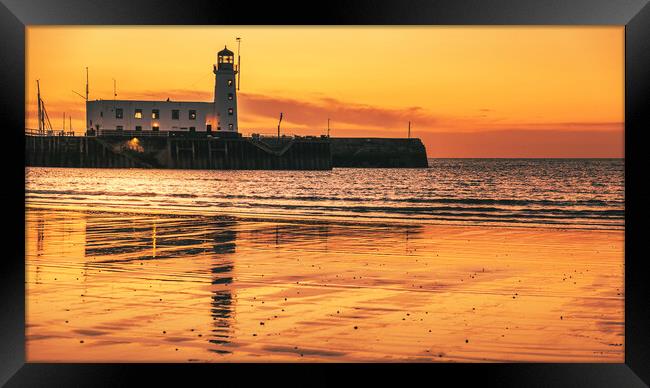 Scarborough Lighthouse Sunrise from South Bay Framed Print by Tim Hill