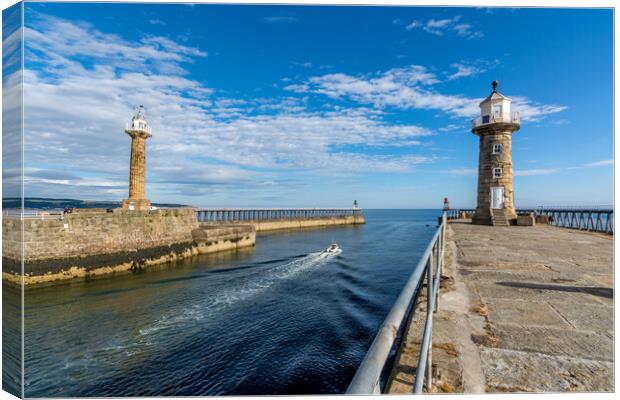 Boat leaves Whitby Harbour Canvas Print by Tim Hill