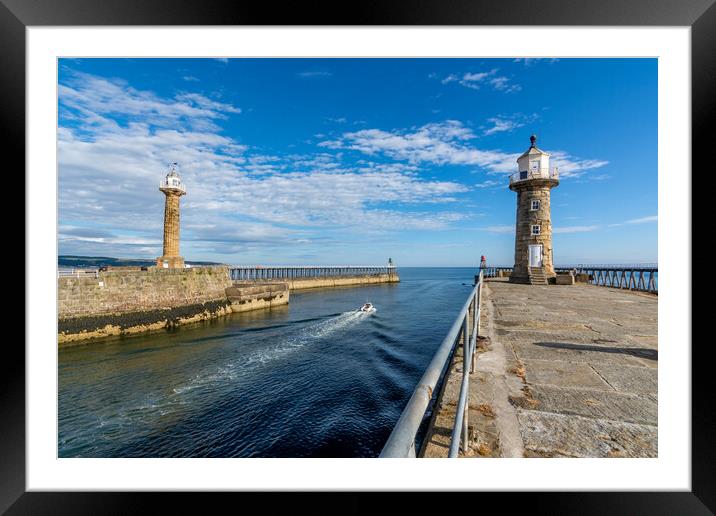 Boat leaves Whitby Harbour Framed Mounted Print by Tim Hill